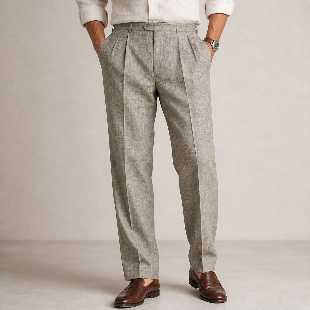 Linea Naturale Italian Linen Mens Pleated Pants Tan Windowpane Plaid Trousers 42
